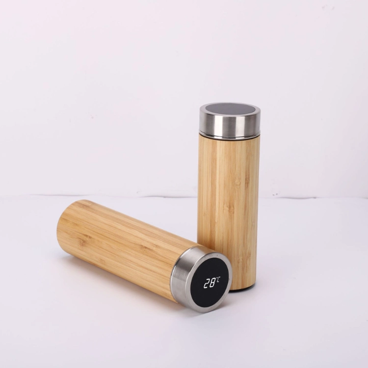 380ml/500ml Smart Water Bottle Stainless Steel Bamboo Vacuum Flask with Temperature Display Lid