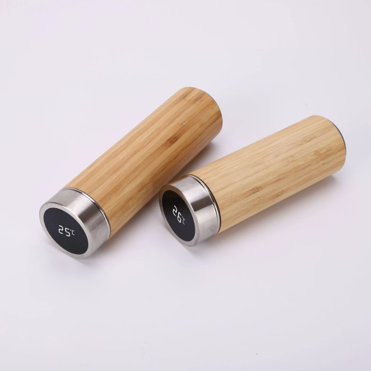 380ml/500ml Smart Water Bottle Stainless Steel Bamboo Vacuum Flask with Temperature Display Lid