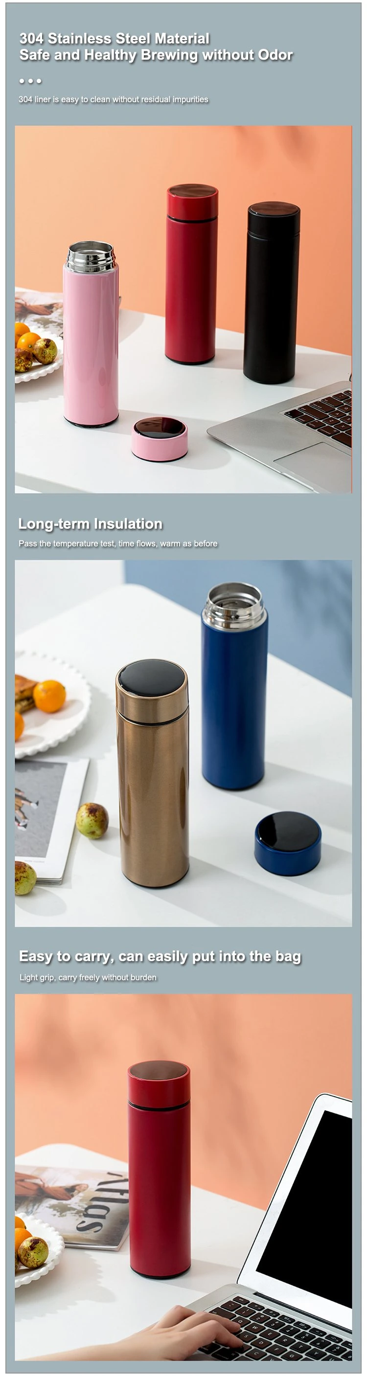 Portable Stainless Steel Vacuum Flask 500ml Smart Water Bottle Stainless Steel Vacuum Flasks